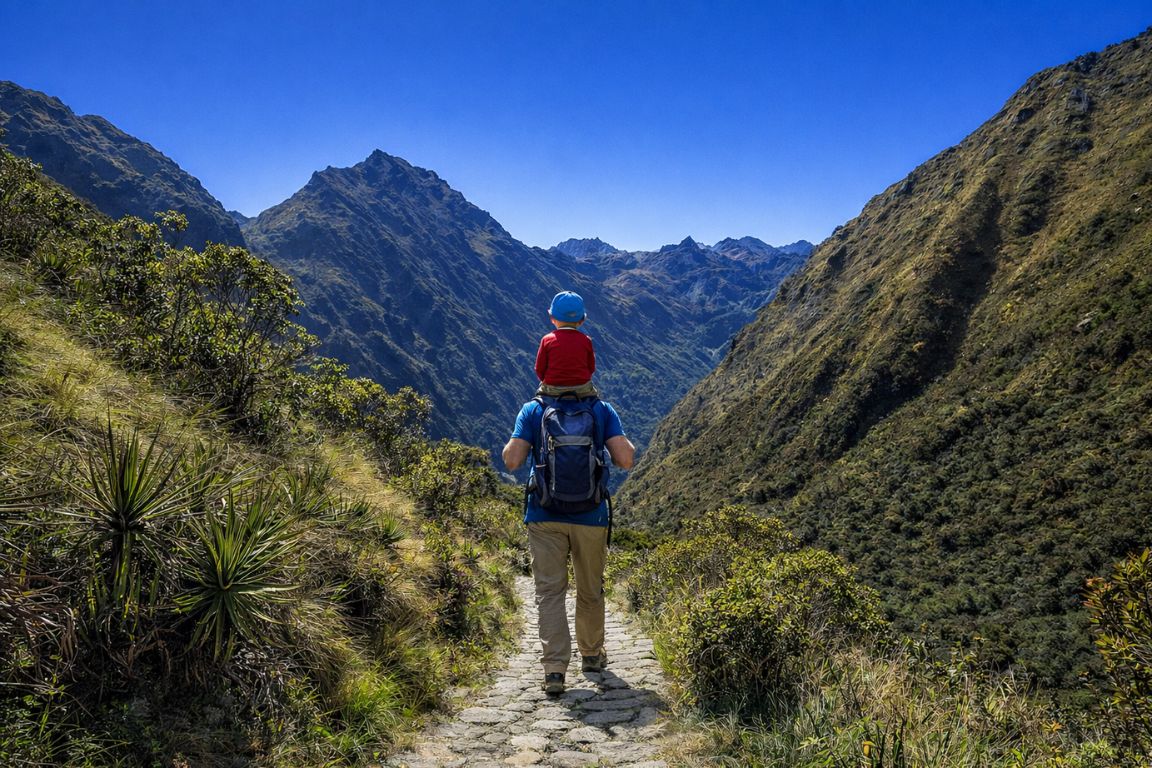 Family hiking the Inca Trail with panoramic mountain views on Huacachina Tours