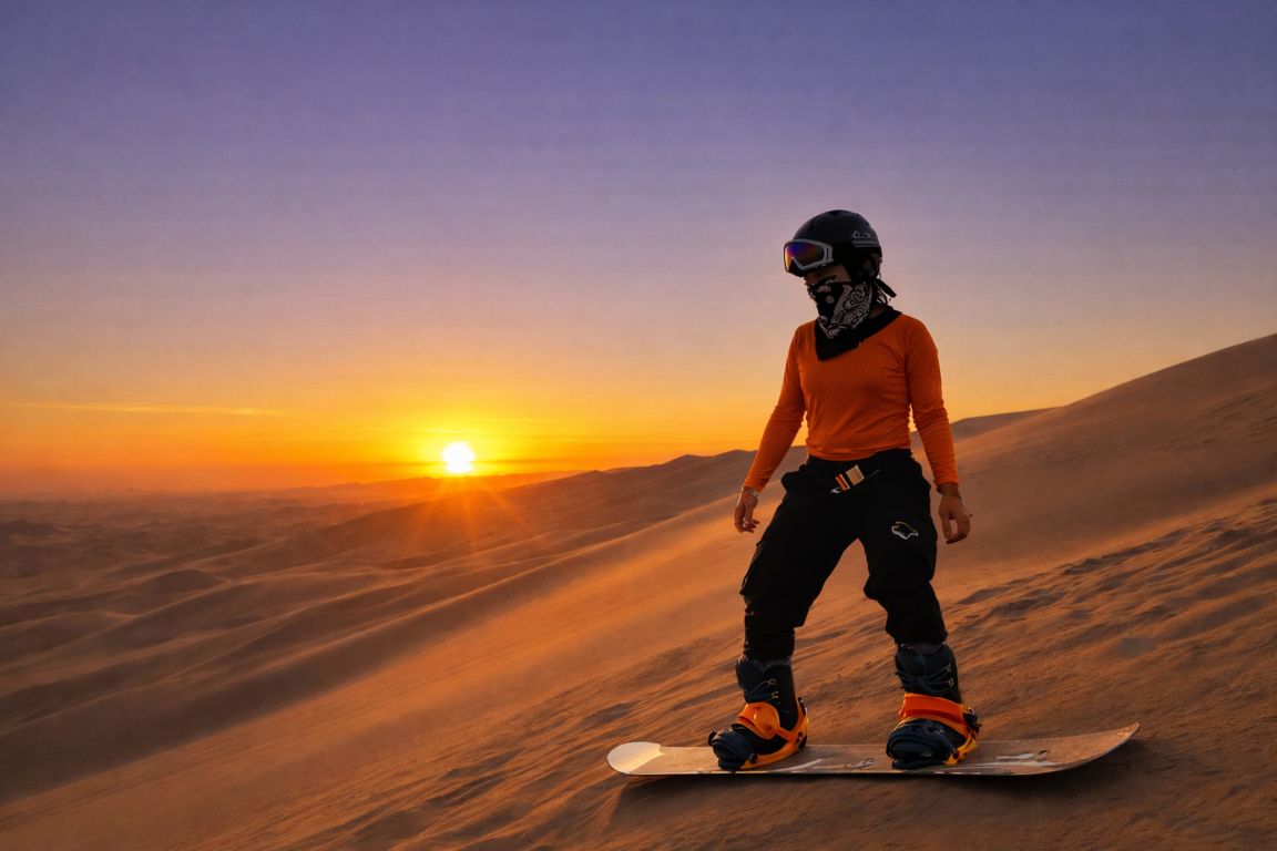 Sandboarding in Huacachina at sunset with panoramic desert views on Huacachina Tours