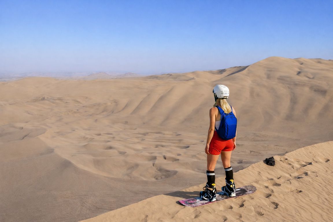 Woman sandboarding on Huacachina dunes during adventure tour with Huacachina Tours